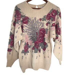 Vtg Jessica Roberts Sweater S Cream Floral Peacock Feathers Angora Rabbit Silk
